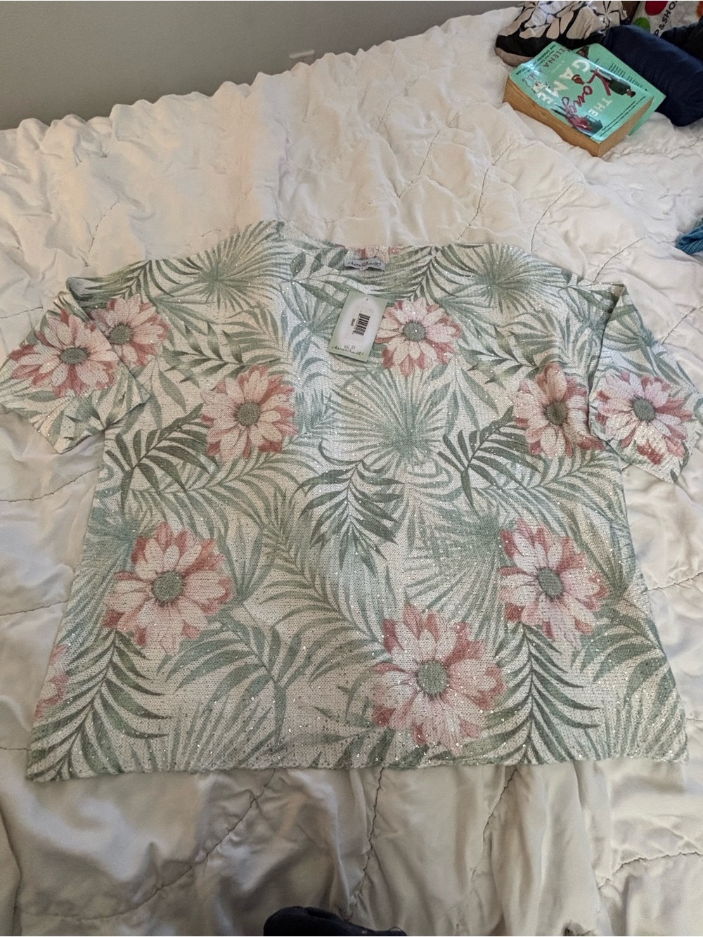 Keren Hart NWT Floral Palm Leaf Sequin Sweater Large Sage Green Pink Sparkle